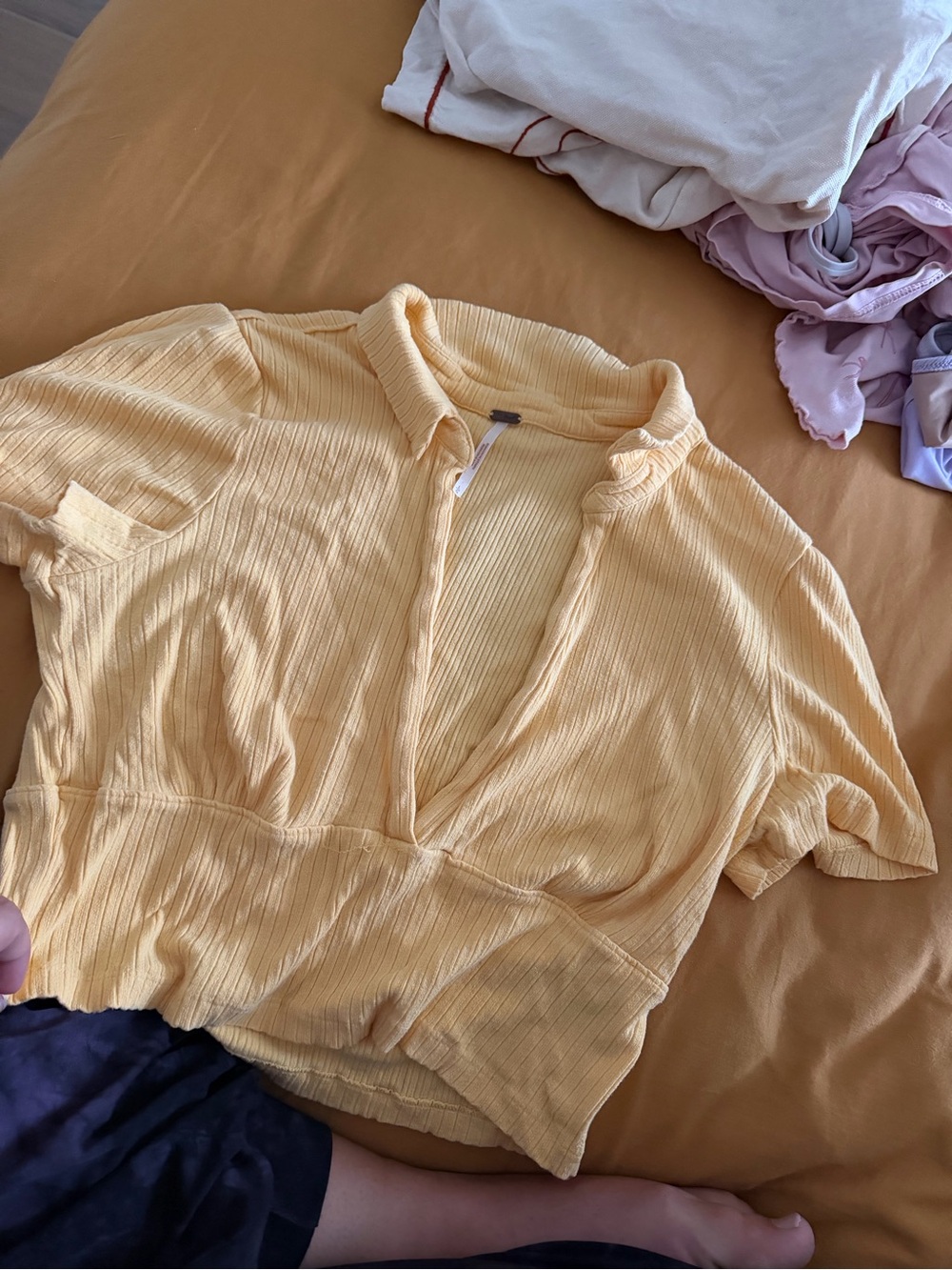 Free People Pale Yellow V-Neck Ribbed Crop Top